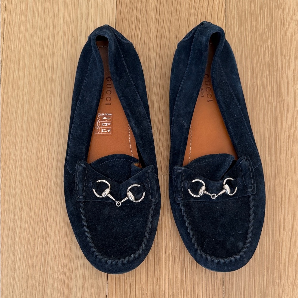Gucci Dark Blue Suede Loafers with Silver Hardware 37.5
